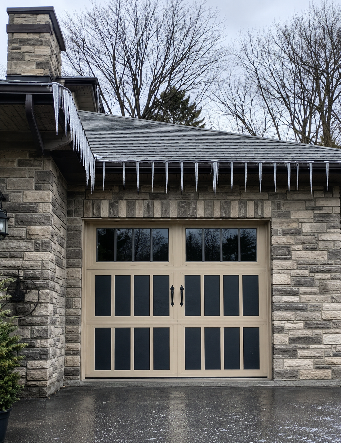 Classica — Sandstone, Barn Style, Full-View Black Panels completed garage door installation