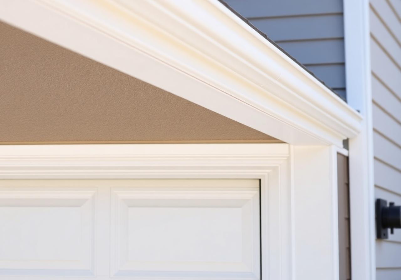 Close-up of clean white aluminum capping framing a residential garage door opening