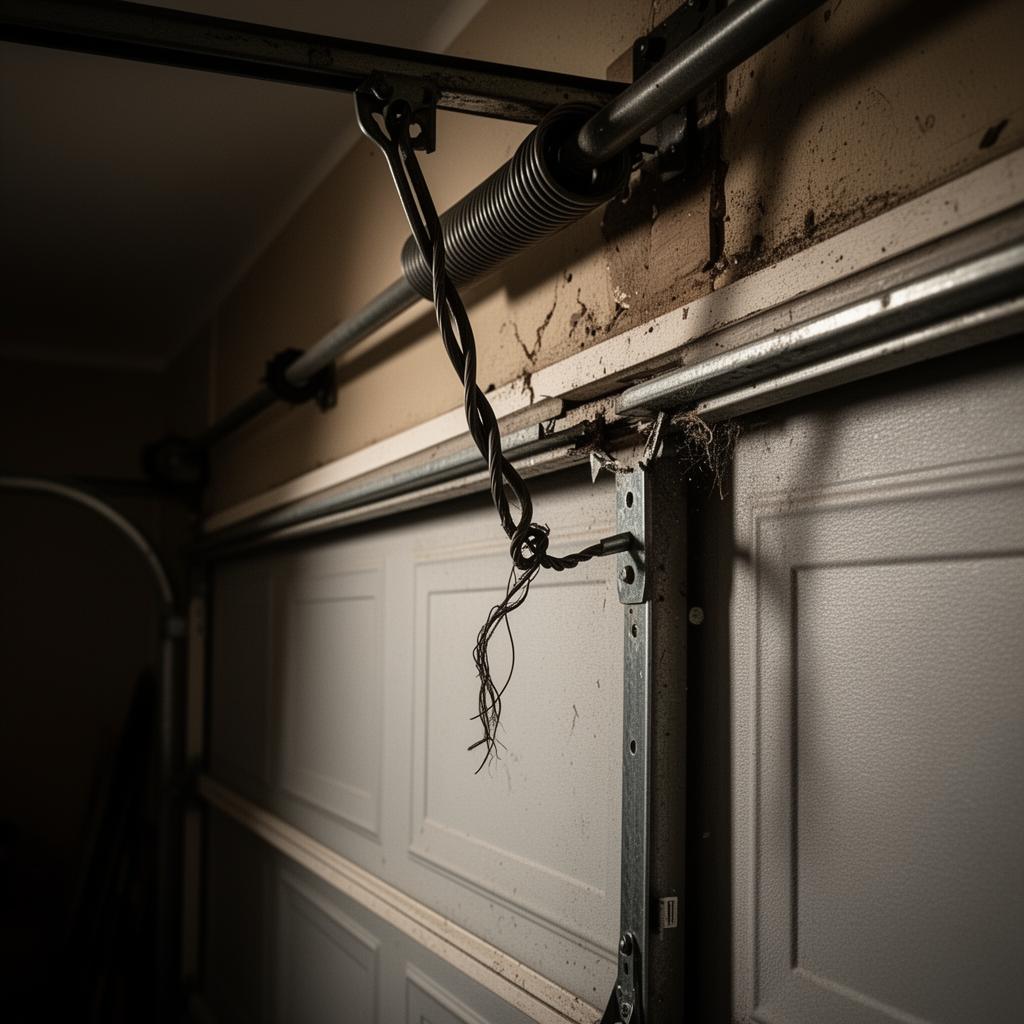 Close-up of a damaged garage door showing a broken spring — urgent repair needed